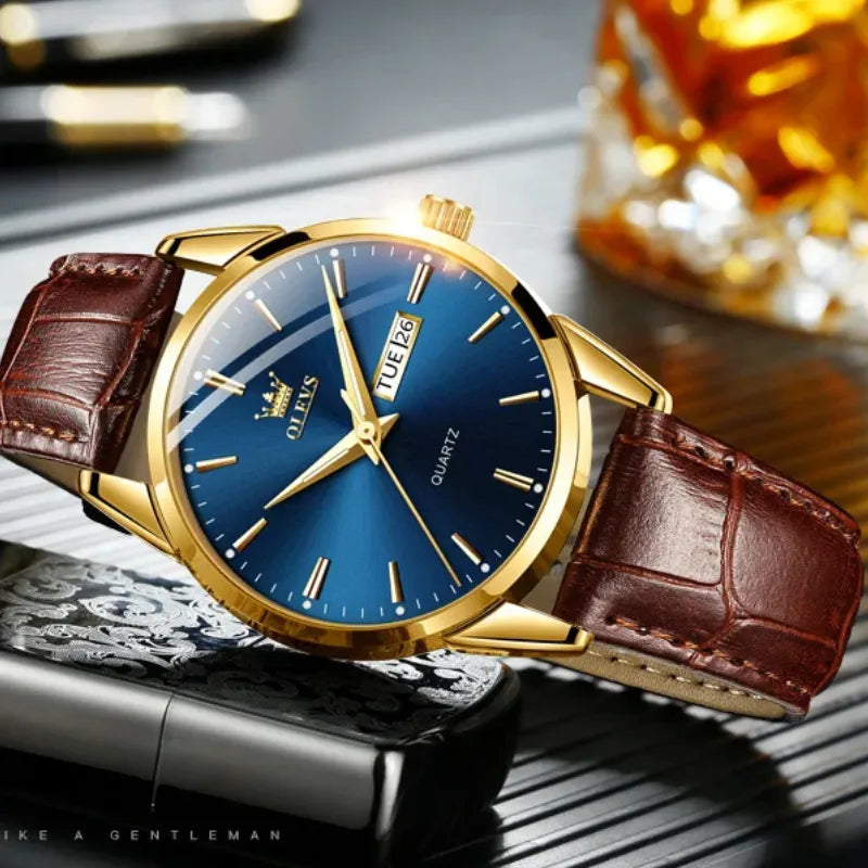 Relógio OLEVS Azul Dourado masculino com pulseira de couro