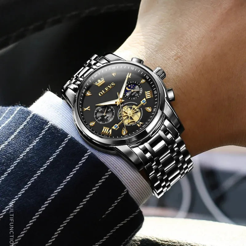 Relógio masculino OLEVS todo preto com cronógrafo e fase da lua