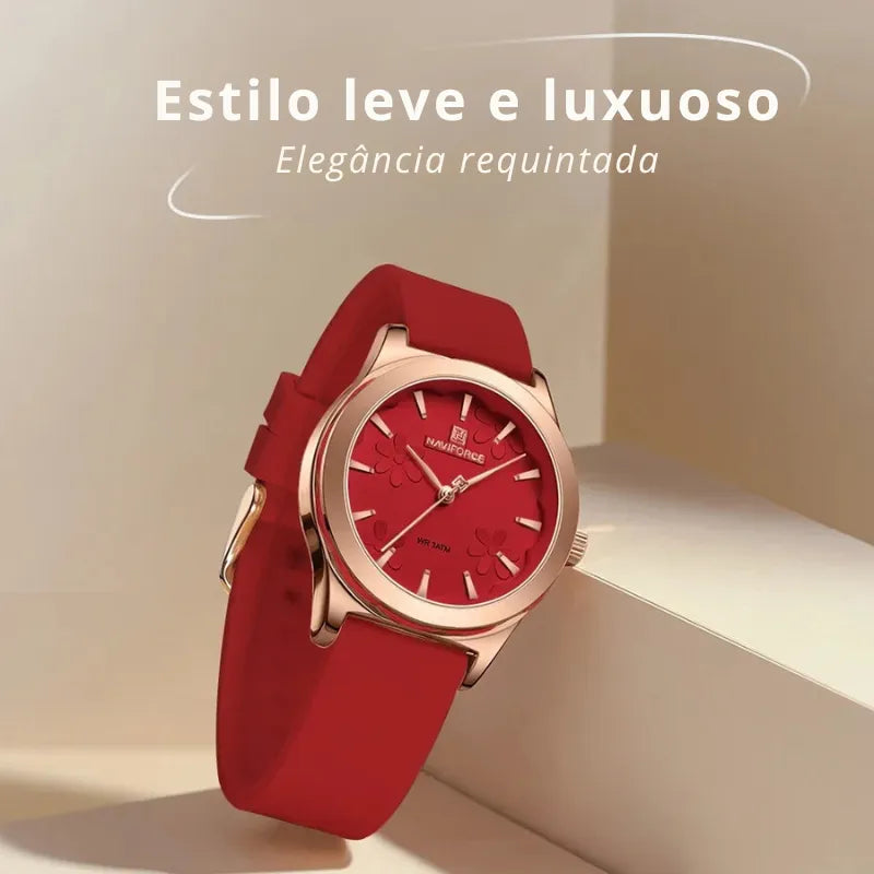 Relógio feminino vermelho NAVIFORCE com pulseira de silicone confortável
