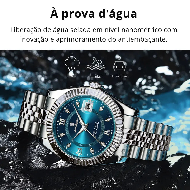 Relógio POEDAGAR prata com mostrador azul e pulseira inoxidável.