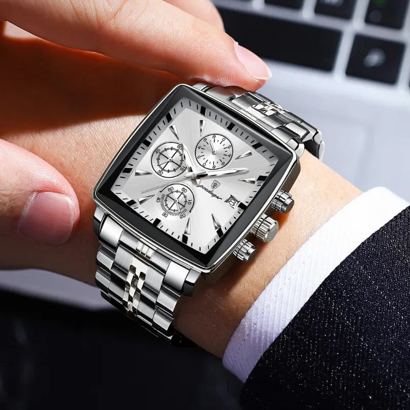 Relógio POEDAGAR branco prateado masculino com pulseira em aço inox e mostrador claro