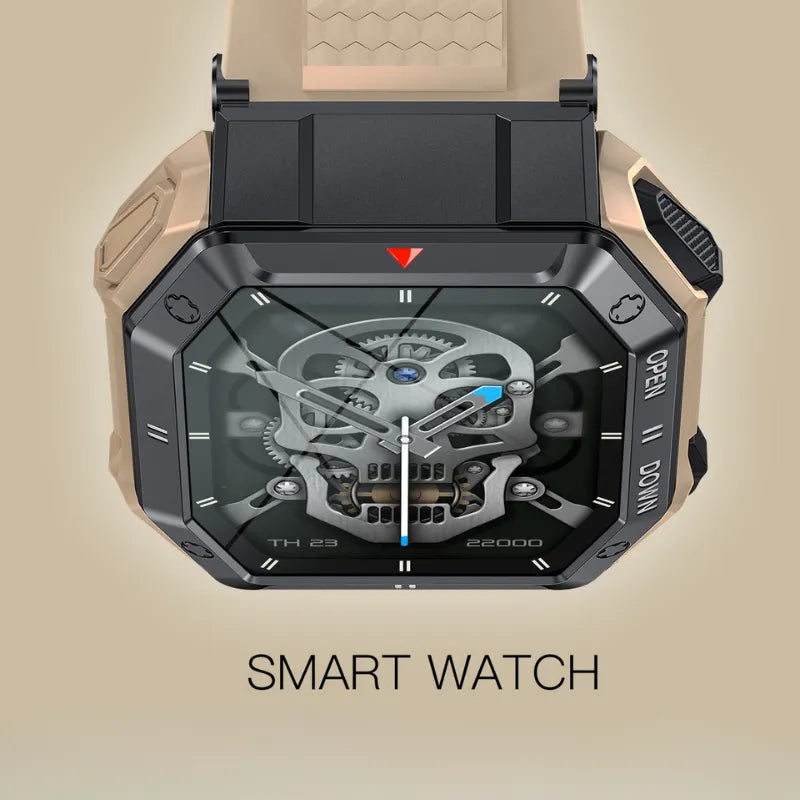 Smartwatch militar masculino cor marrom, Bluetooth, monitoramento saúde, design resistente e esportivo.