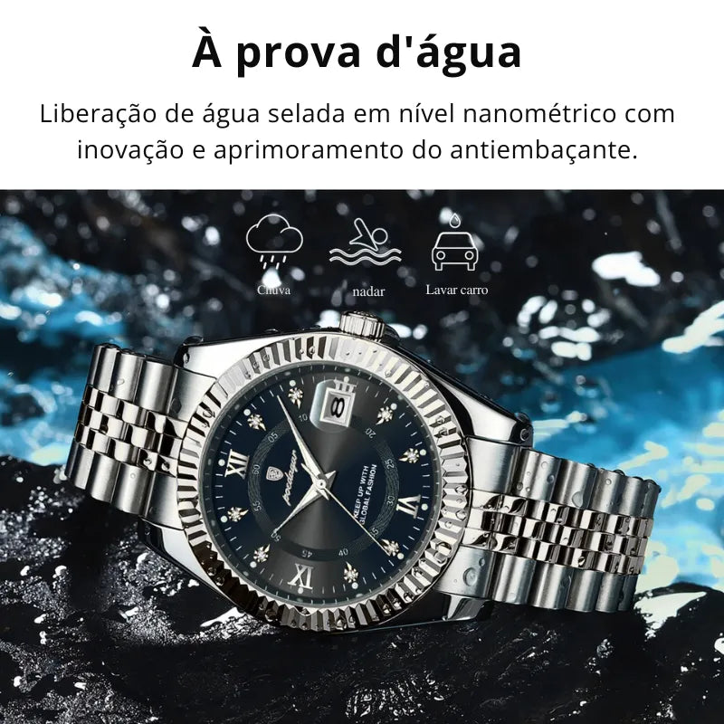 Relógio POEDAGAR prata com mostrador preto e pulseira inoxidável.