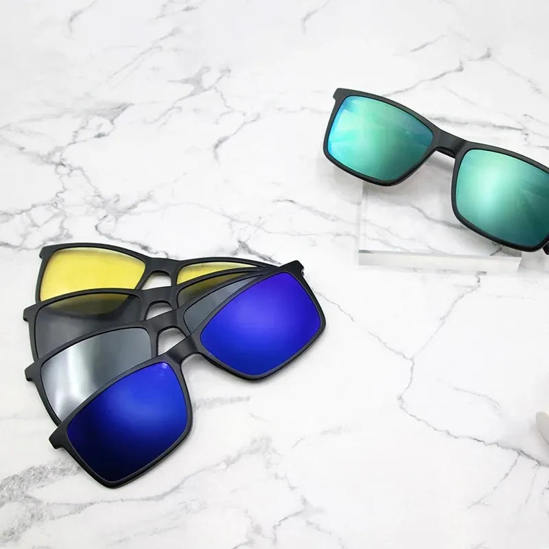 Óculos masculino com clipe magnético azul espelhado e armação leve e moderna