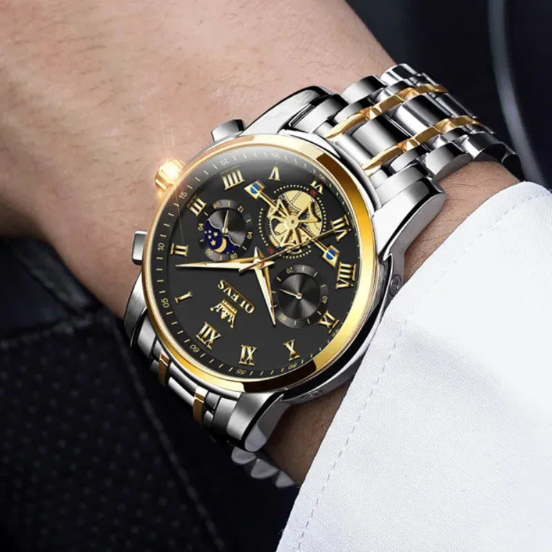 Relógio masculino OLEVS preto dourado com cronógrafo e fase da lua