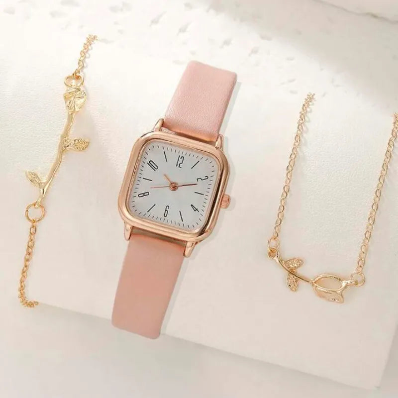 Relógio feminino minimalista com pulseira de couro rosa e mostrador branco