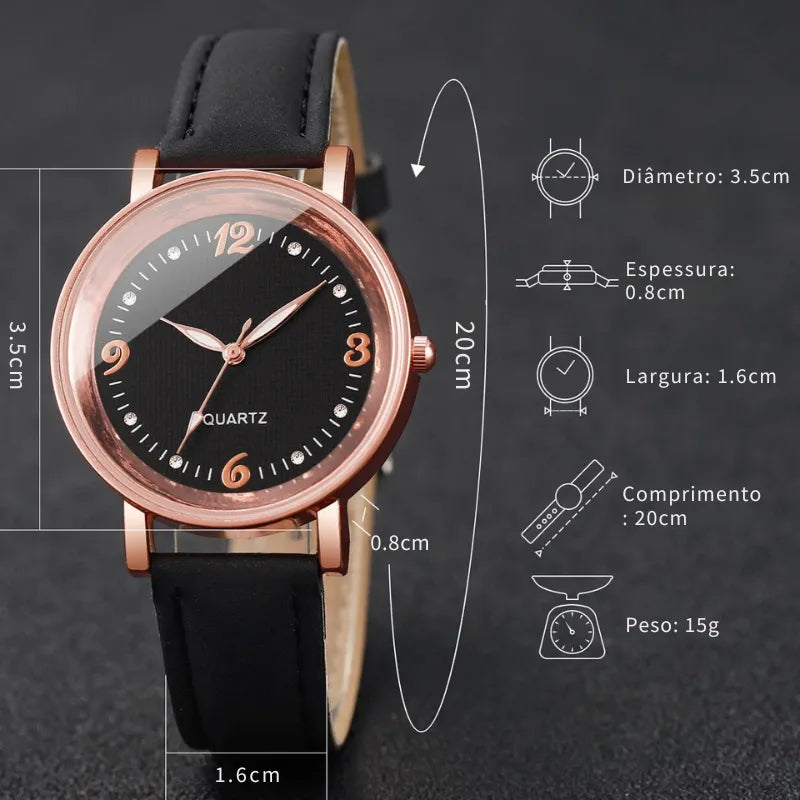 Relógio feminino redondo rosa com pulseira de couro e mostrador clean
