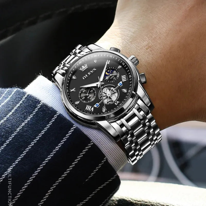 Relógio masculino OLEVS preto prateado com cronógrafo e fase da lua
