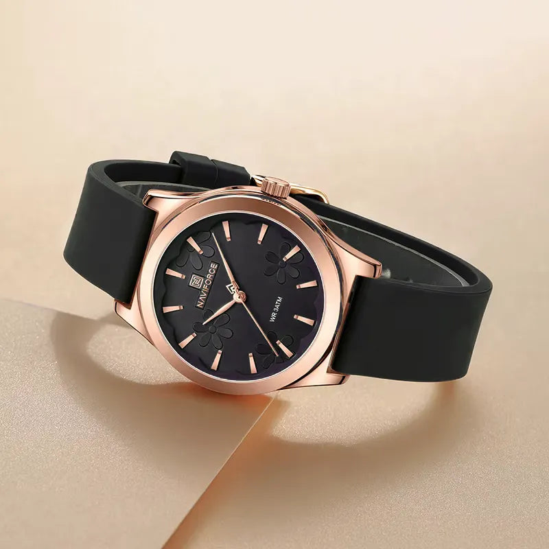 Relógio feminino preto NAVIFORCE com pulseira de silicone e mostrador floral