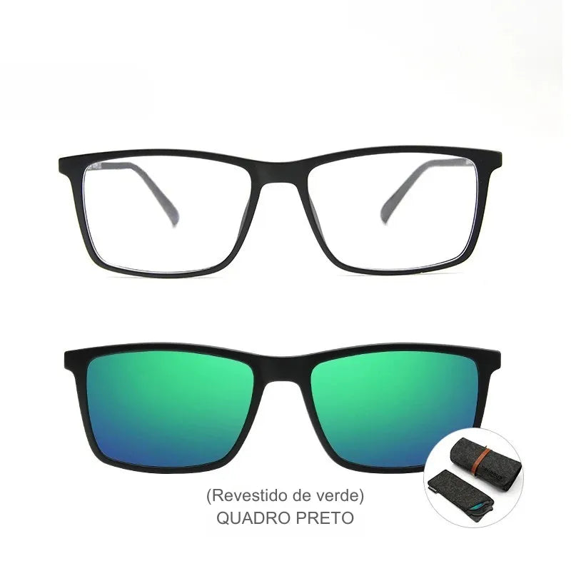 Óculos masculino com clipe magnético azul espelhado e armação leve e moderna