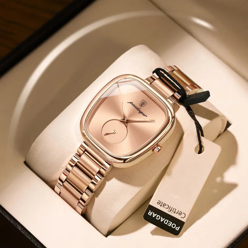 Relógio feminino POEDAGAR rosé em aço inoxidável com mostrador elegante