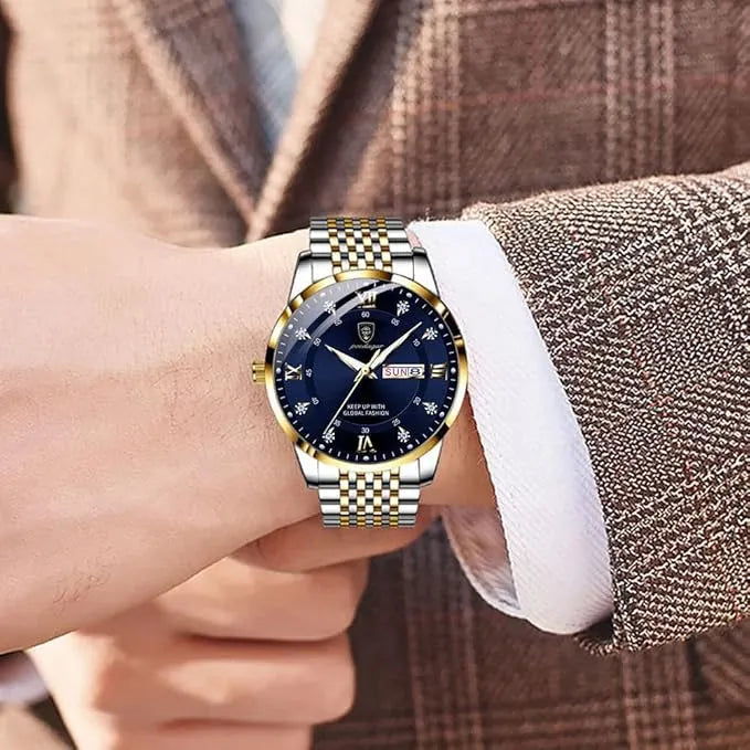 Relógio masculino visor azul com zircônias e pulseira de aço inoxidável