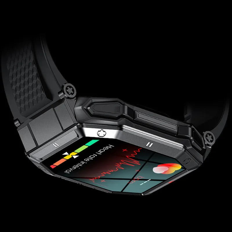 Smartwatch militar preto masculino com ligações, monitoramento saúde e visual esportivo sofisticado.