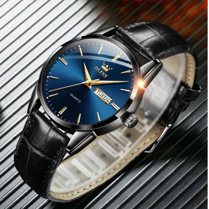 Relógio OLEVS Preto Azul masculino com pulseira de couro