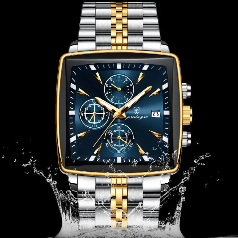Relógio masculino POEDAGAR azul dourado quadrado com pulseira inox bicolor