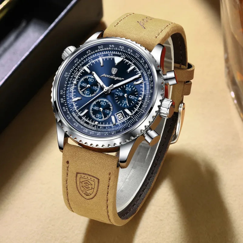 Relógio masculino POEDAGAR azul com pulseira de couro, cronógrafo e detalhes prateados