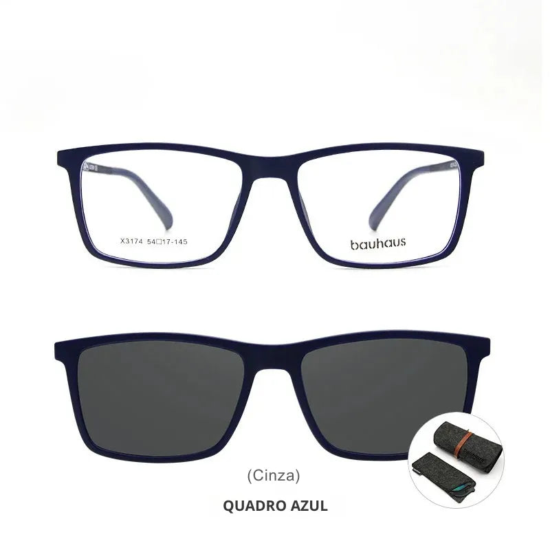 Óculos masculino com lente cinza fumê e clipe magnético prático