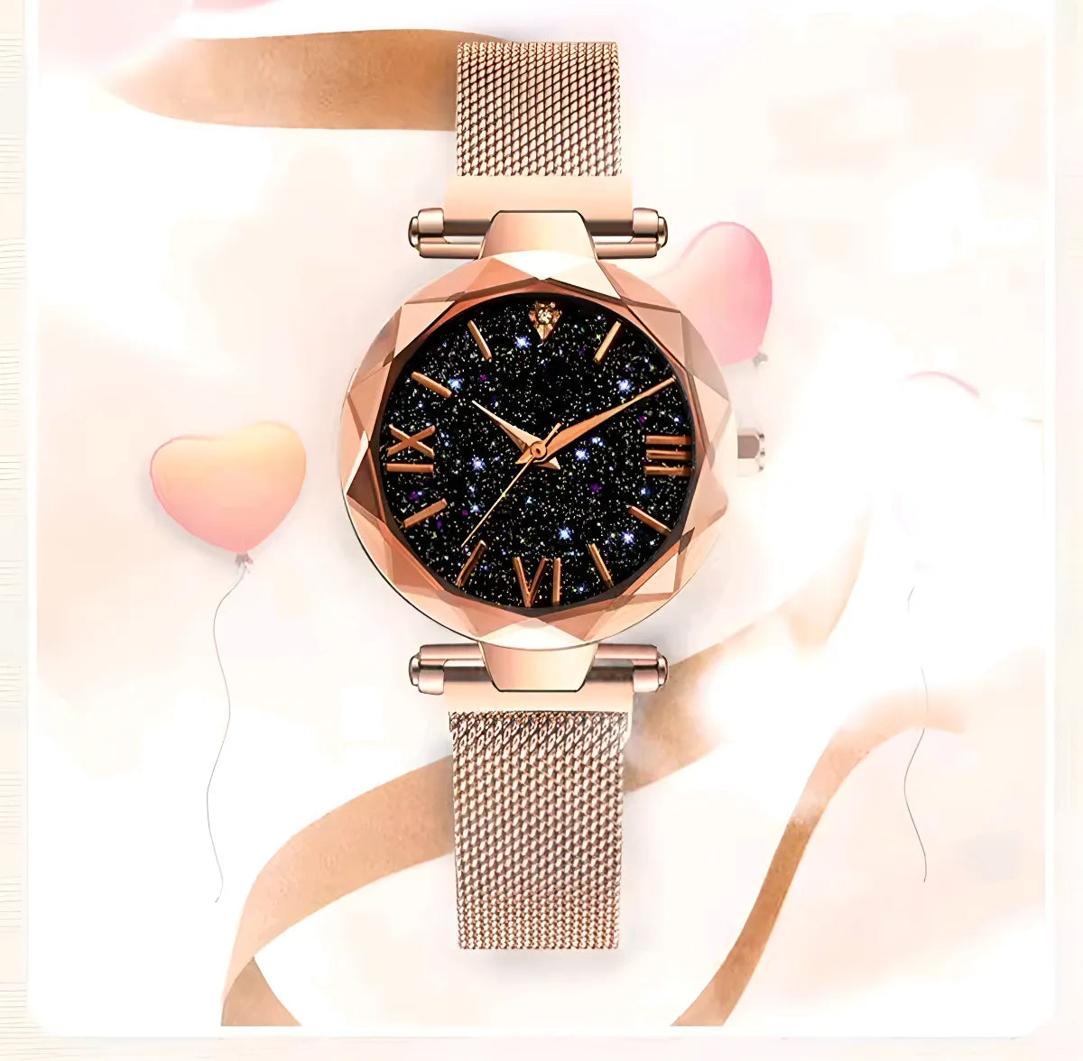 Relógio feminino rosa com mostrador estrelado e pulseira magnética.