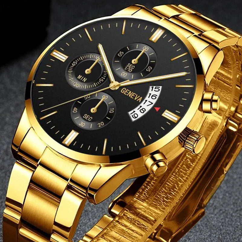 Relógio Mônaco masculino dourado com mostrador preto e pulseira em aço inoxidável