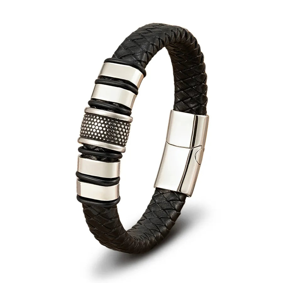 Pulseira masculina couro trançado com detalhe em aço inoxidável prata