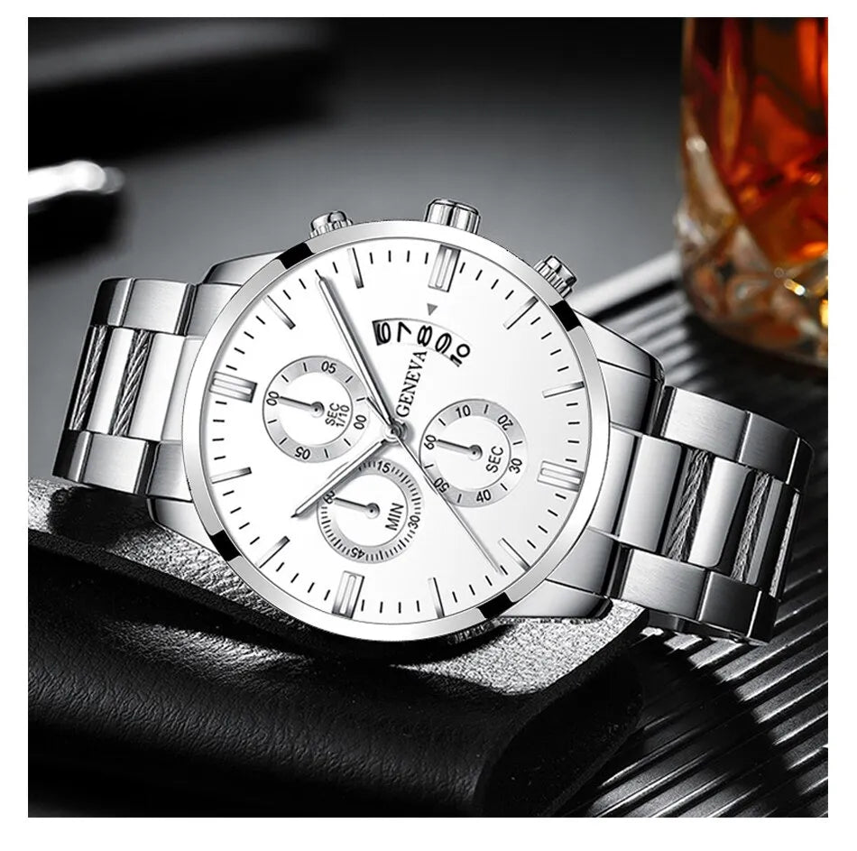 Relógio Mônaco masculino prateado com mostrador branco e pulseira em aço inoxidável