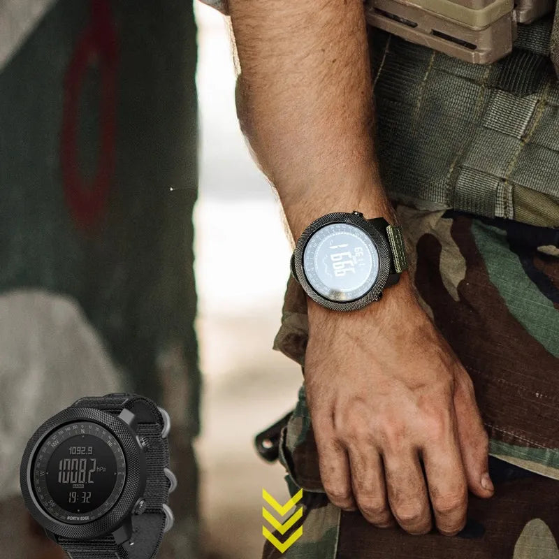 Relógio Militar Army Pro digital preto com bússola, altímetro e pulseira de nylon resistente.