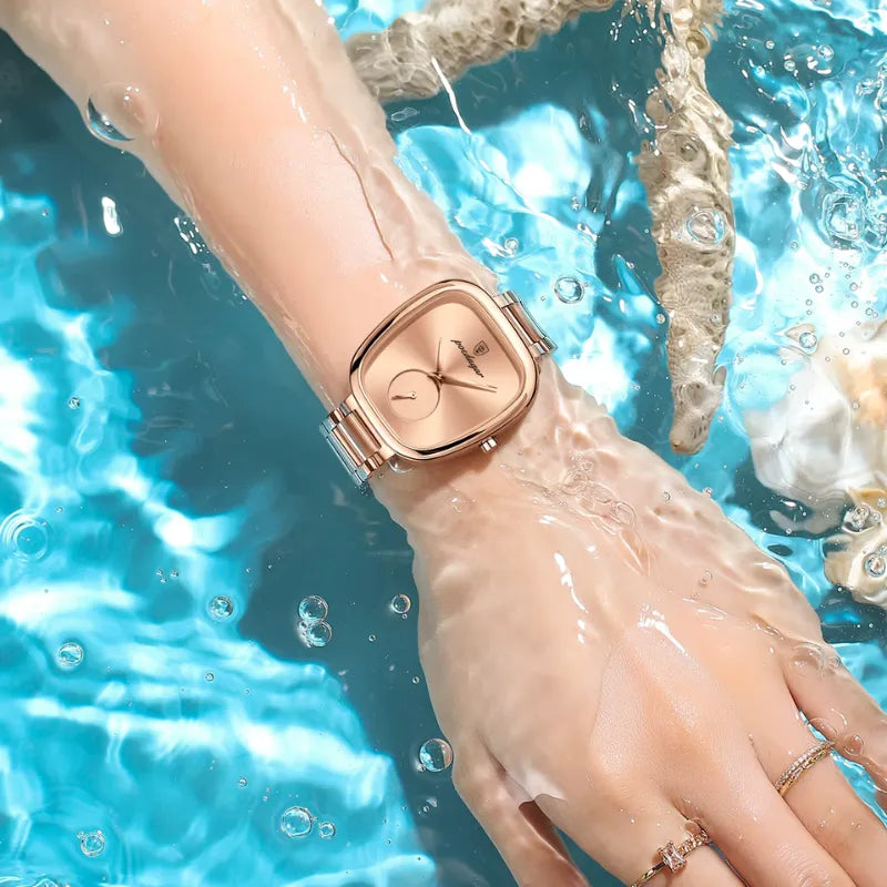 Relógio feminino POEDAGAR rosé em aço inoxidável com mostrador elegante