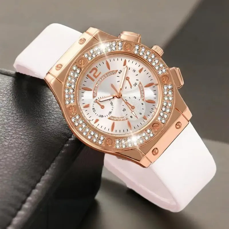 Relógio feminino branco com cristais e pulseira rosa flor sofisticada.