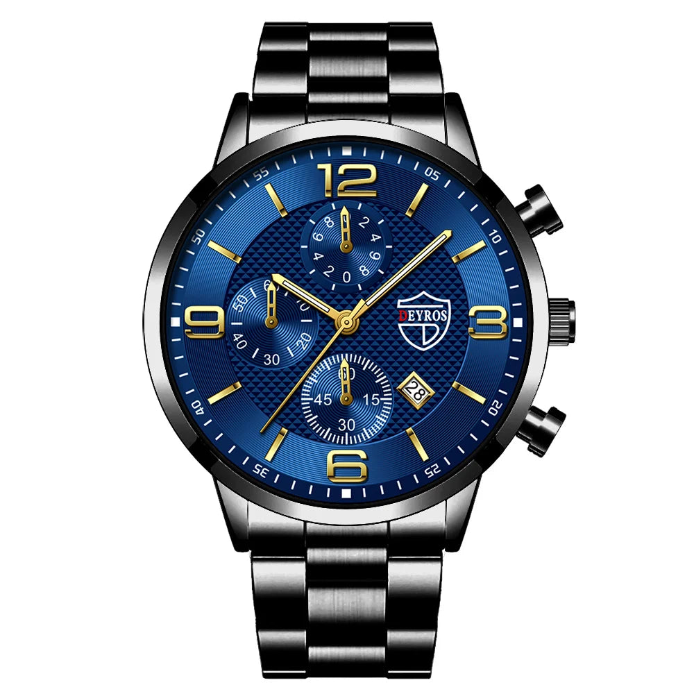 Relógio masculino DEYROS preto com mostrador azul e pulseira de aço inox resistente