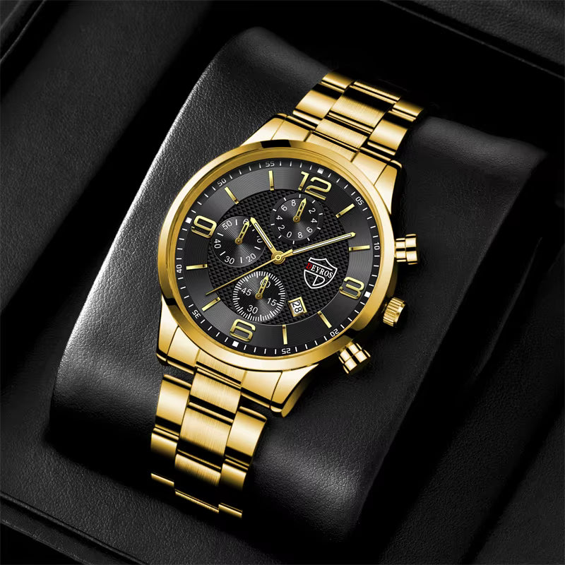 Relógio masculino DEYROS com pulseira dourada e mostrador preto elegante e sofisticado
