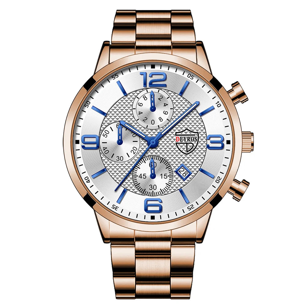 Relógio masculino DEYROS ouro rosa com mostrador branco e pulseira de aço elegante