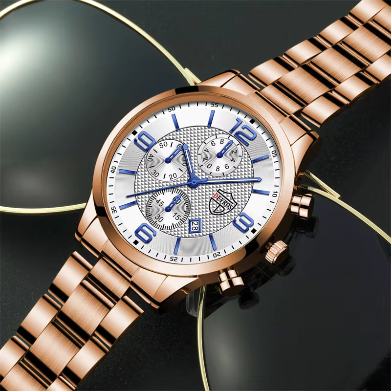 Relógio masculino DEYROS ouro rosa com mostrador branco e pulseira de aço elegante
