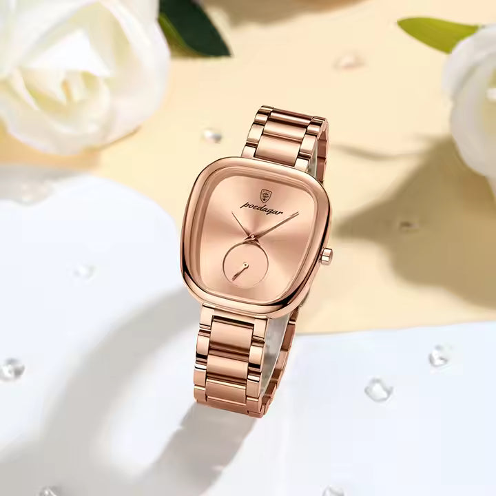Relógio feminino POEDAGAR rosé em aço inoxidável com mostrador elegante