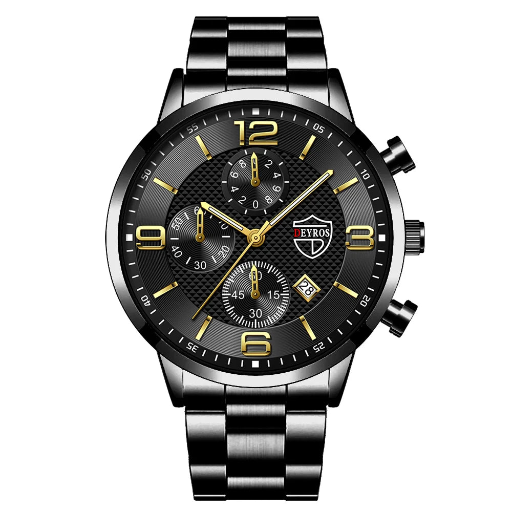 Relógio DEYROS ouro negro com pulseira de aço e mostrador elegante com calendário