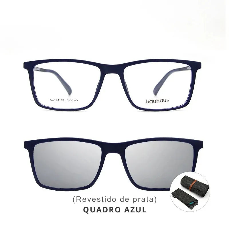 Óculos com lente prata espelhada e clipe magnético prático para homens