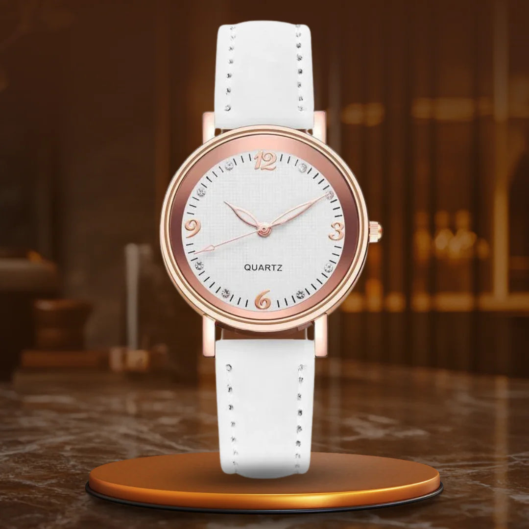 Relógio feminino redondo branco com pulseira de couro e mostrador minimalista