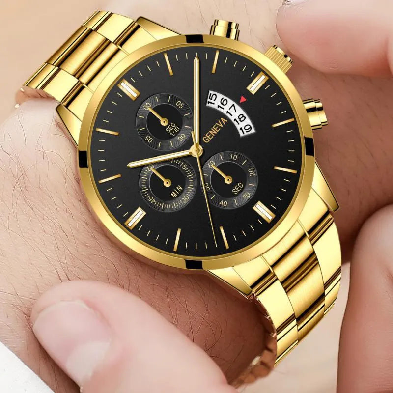 Relógio Mônaco masculino dourado com mostrador preto e pulseira em aço inoxidável