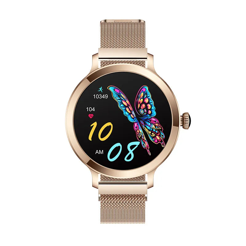 Smartwatch feminino dourado com tela AMOLED e pulseira de aço fino, design elegante e funções de saúde.