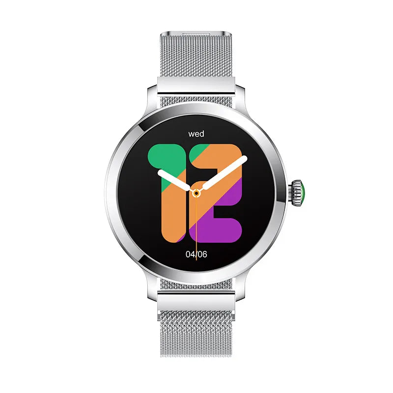 Smartwatch feminino prata com tela AMOLED, pulseira em aço fino e monitoramento de saúde completo.