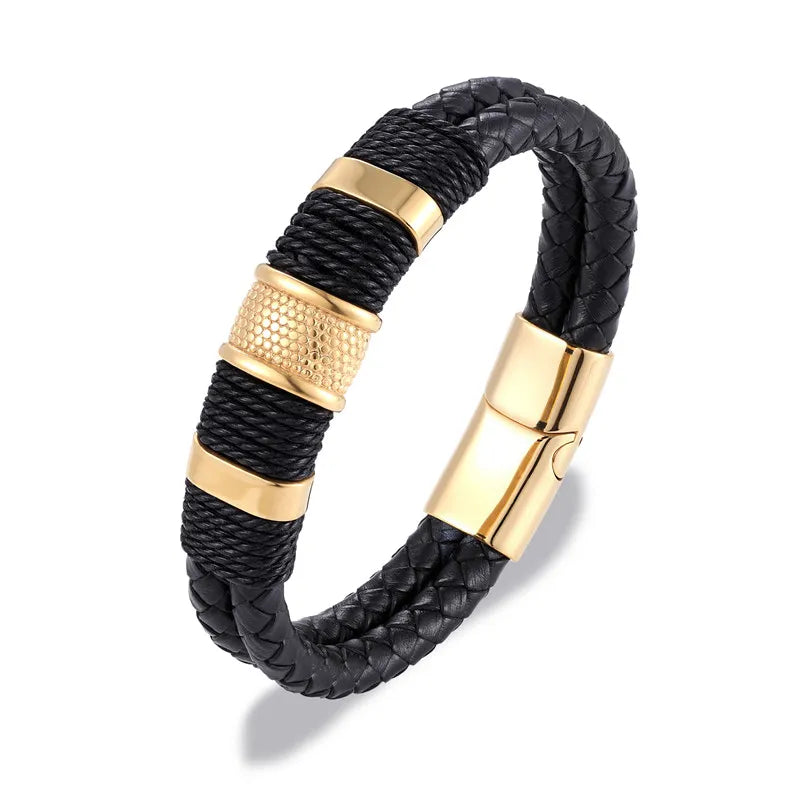 Pulseira masculina couro trançado com detalhe em aço inoxidável dourado