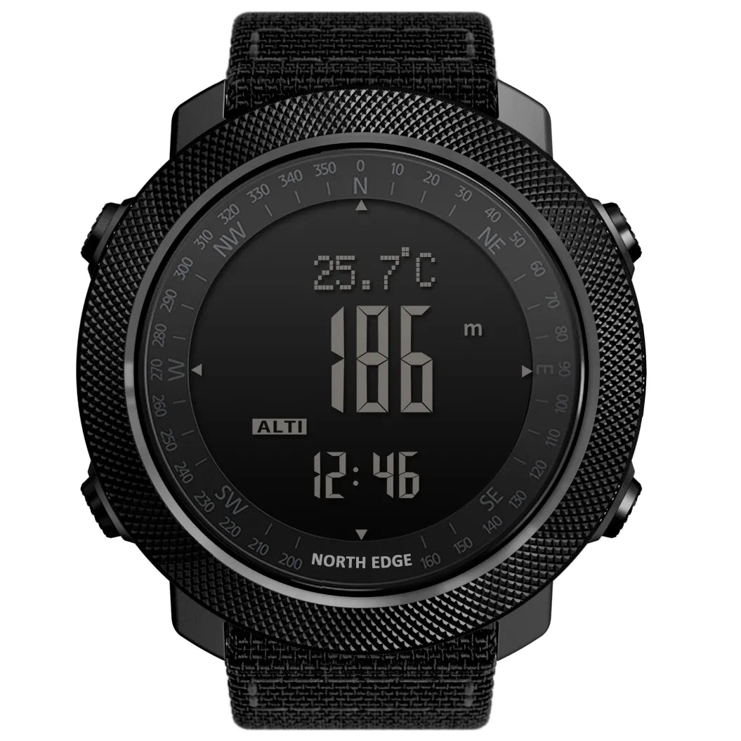 Relógio Militar Army Pro digital preto com bússola, altímetro e pulseira de nylon resistente.