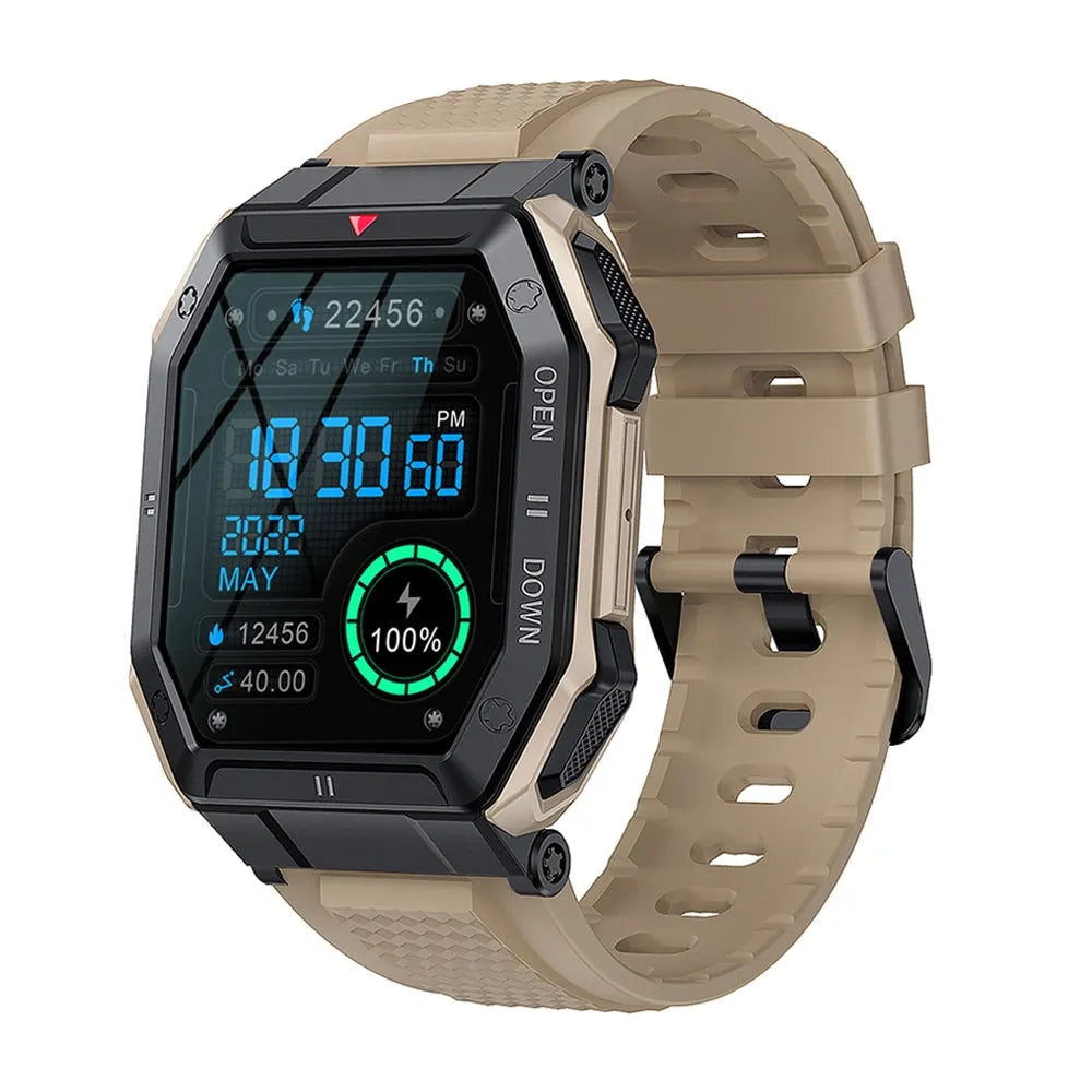 Smartwatch militar masculino cor marrom, chamadas Bluetooth, monitoramento saúde, design resistente e esportivo.