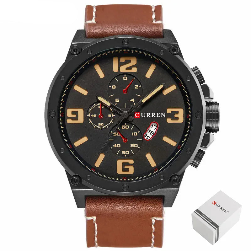Relógio Curren masculino marrom com mostrador preto e detalhes dourados