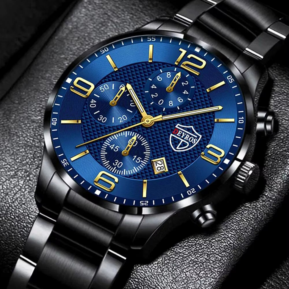 Relógio masculino DEYROS preto com mostrador azul e pulseira de aço inox resistente