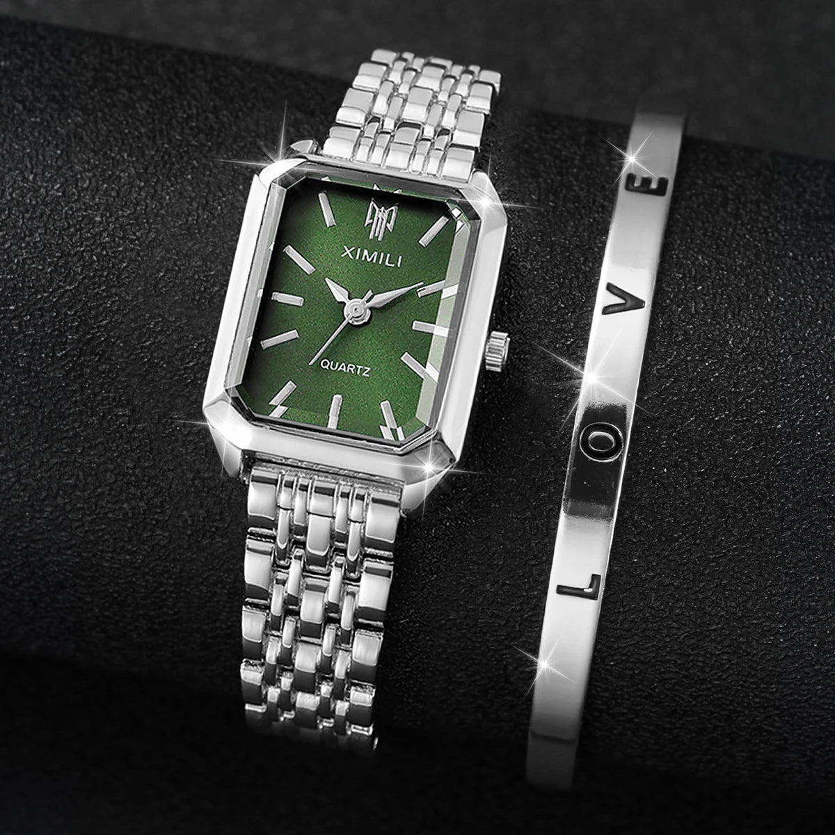 Relógio Ximili feminino verde prateado com mostrador verde e pulseira prateada