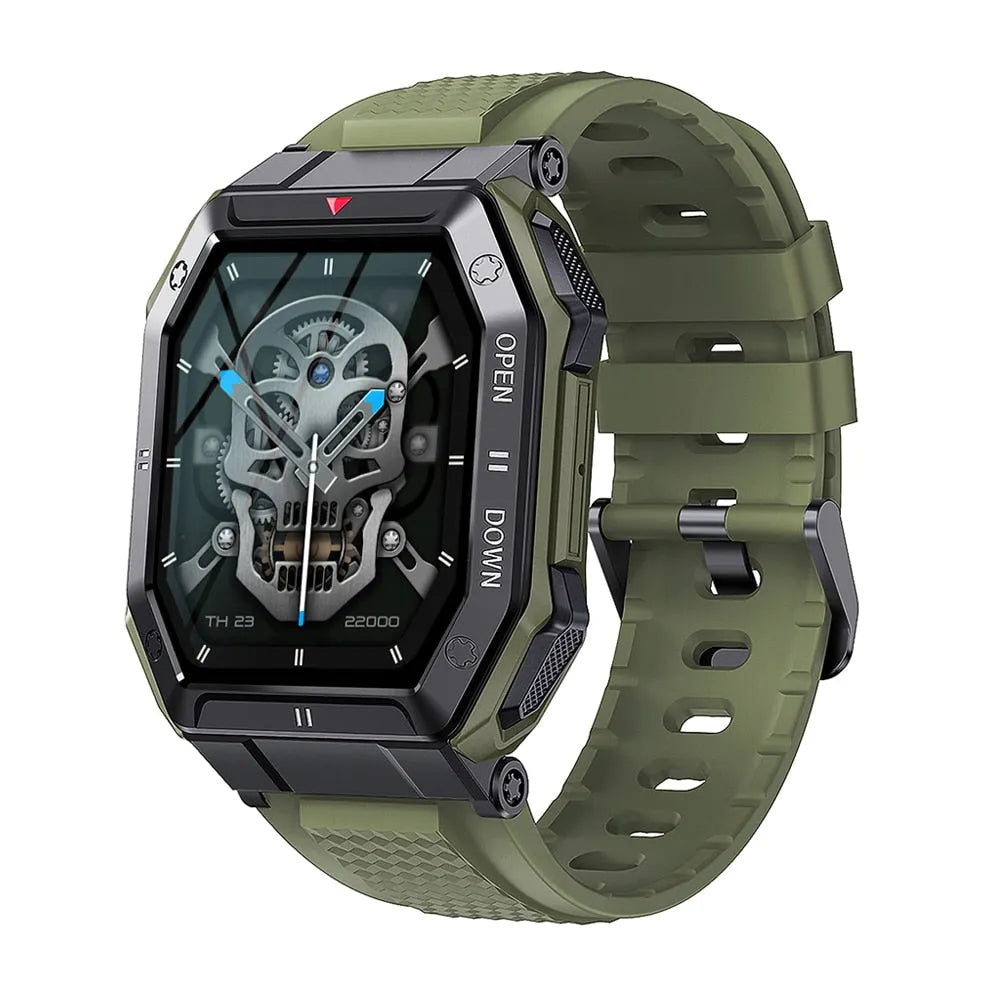 Smartwatch militar verde masculino com chamadas, monitoramento de saúde e visual esportivo robusto.