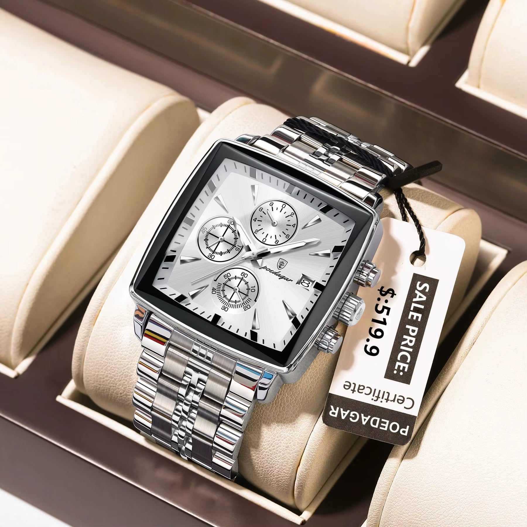 Relógio POEDAGAR branco prateado masculino com pulseira em aço inox e mostrador claro