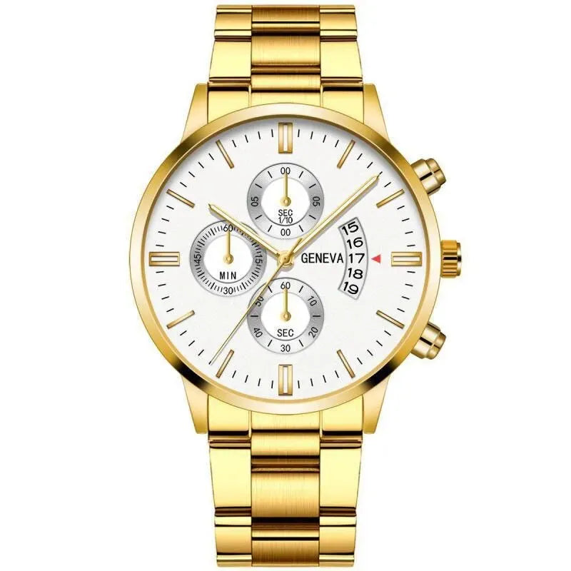 Relógio Mônaco masculino dourado com mostrador branco e pulseira em aço inoxidável