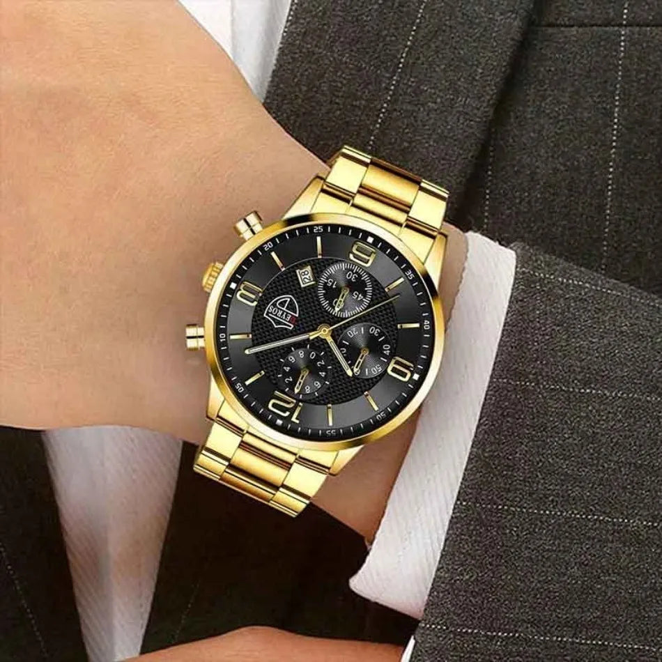 Relógio masculino DEYROS com pulseira dourada e mostrador preto elegante e sofisticado