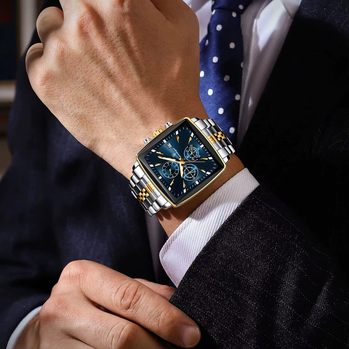 Relógio masculino POEDAGAR azul dourado quadrado com pulseira inox bicolor